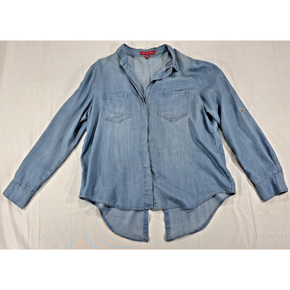 Chambray Button Down Shirt Women's L Denim Long Sleeve Top Western Boho Coastal